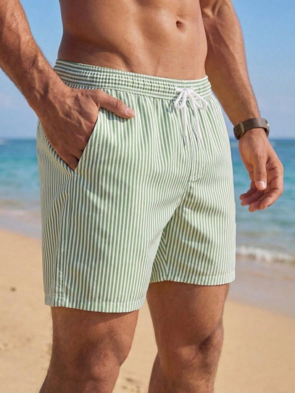 Multicolor Men's Vertical Striped Drawstring Waist Swim Trunks - Picture 4 of 5